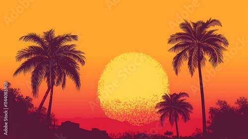 Tropical Sunset Silhouette: Vibrant Digital Art. AI Generated