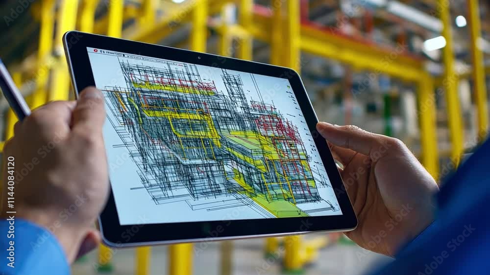 Engineer Reviewing 3D Factory Blueprint on Tablet 