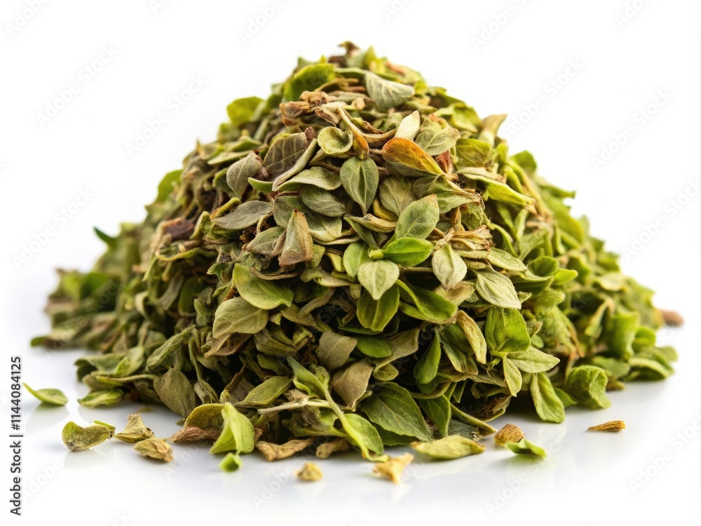 Aromatic dried oregano leaves, a culinary herb, showcased in vibrant food photography against a pristine white backdrop. Aromatic dried oregano leaves, a culinary herb, showcased in vibrant food photography against a pristine white backdrop.