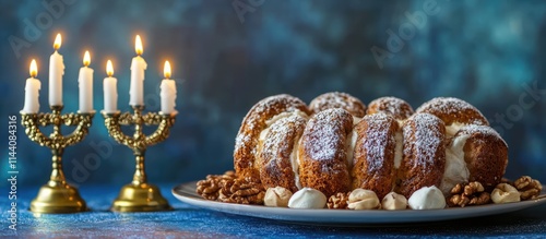 Hanukkah dessert platter with nut rolls white candles and a golden menorah on a textured blue background for festive celebrations photo