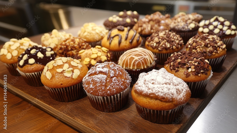 Assorted handmade muffins displayed on a wooden tray showcasing various toppings and flavors in a cozy bakery setting Assorted handmade muffins displayed on a wooden tray showcasing various toppings and flavors in a cozy bakery setting