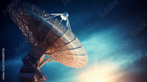 Close up view of a parabolic antenna dish mounted on a tall communication tower set against an urban skyline