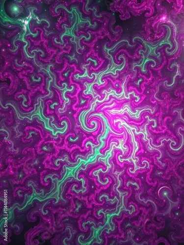 Intricate magenta and green fractal patterns swirl in a cosmic, looping space background, energy, green