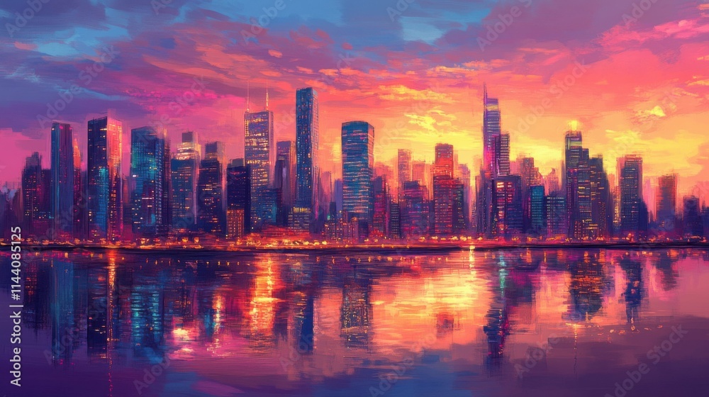 Fototapeta premium city skyline at sunset, vibrant colors in the sky, modern cityscape, panoramic view, calm river reflecting lights, dynamic urban atmosphere, evening glow, tall buildings