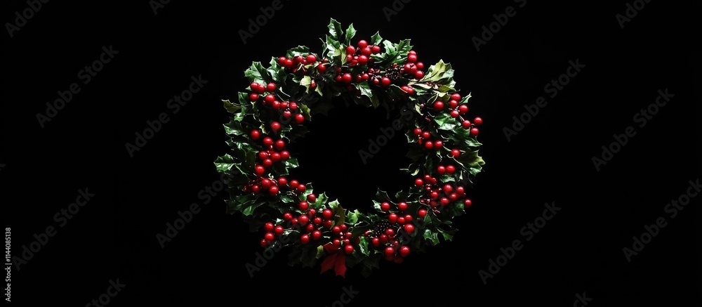 Detailed view of a festive holiday wreath decorated with red berries and greenery set against a deep black background for seasonal celebration. Detailed view of a festive holiday wreath decorated with red berries and greenery set against a deep black background for seasonal celebration.