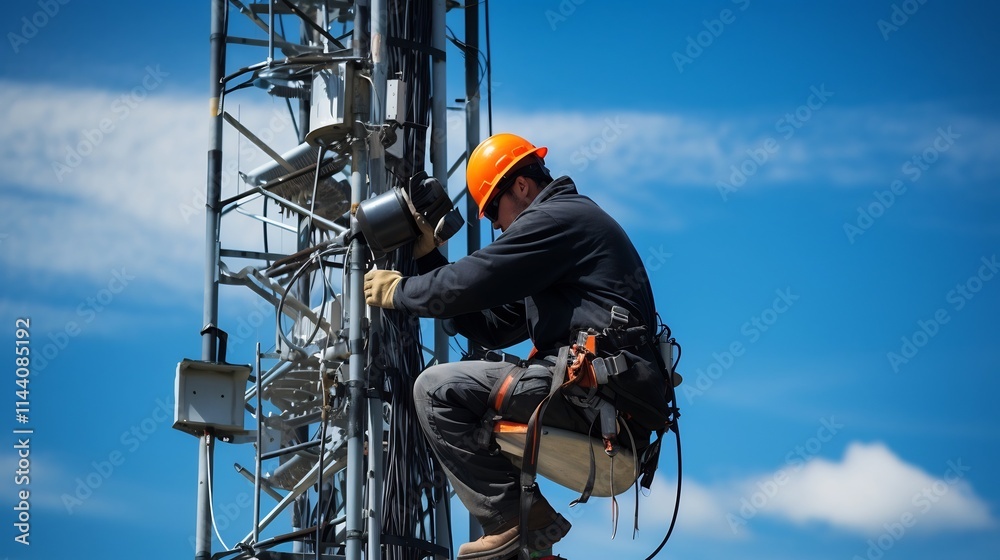 Close up view of a technician performing maintenance and repair work on a cellular communication tower in an urban cityscape Close up view of a technician performing maintenance and repair work on a cellular communication tower in an urban cityscape