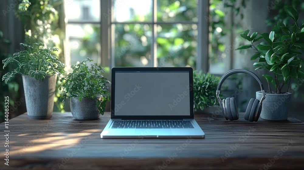 Laptop on wooden desk with plants and headphones, near window. Laptop on wooden desk with plants and headphones, near window.