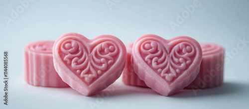 Handmade pink ornate heart shaped soap bars perfect for holiday gifts on a clean white background showcasing festive cosmetic products photo