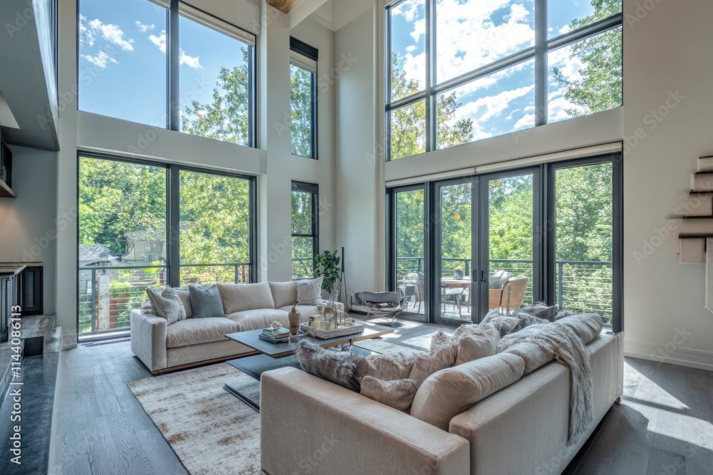 Spacious modern living room with large windows and natural light Spacious modern living room with large windows and natural light