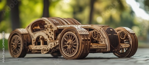 Intricately crafted wooden model car showcasing detailed design ideal for home and garden decoration. Perfect for vintage or rustic aesthetics.