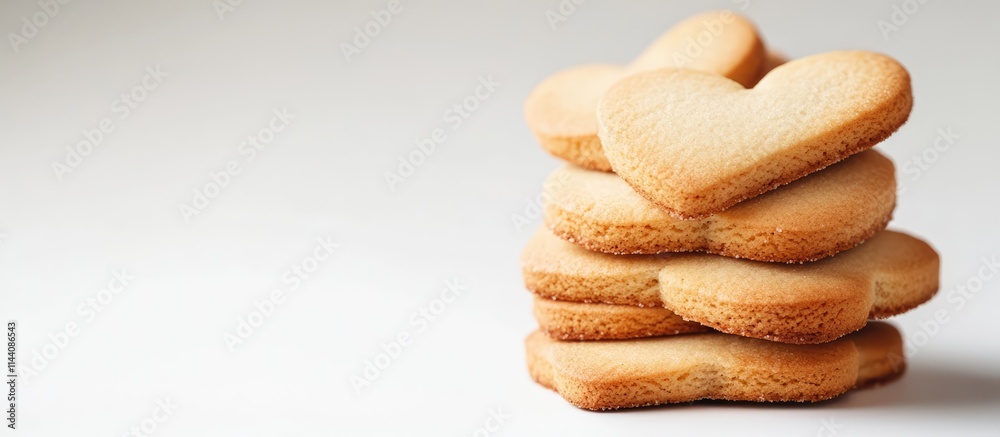 Heart shaped cookies stacked on white background with copyspace for romantic themes or celebrations in a close-up macro view.