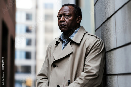 Mature african male in trench coat leaning against urban wall