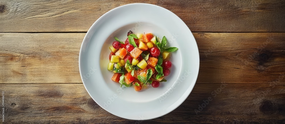 Colorful fruit salad in a white plate on wooden table showcasing a healthy diet and appealing breakfast for weight loss enthusiasts Colorful fruit salad in a white plate on wooden table showcasing a healthy diet and appealing breakfast for weight loss enthusiasts
