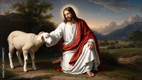 Jesus Christ Looking for One Lost Lamb, Illustrating His Compassionate Search for the Lost Soul, Symbolizing Divine Love, Redemption, and the Shepherd’s Care in the Christian Faith