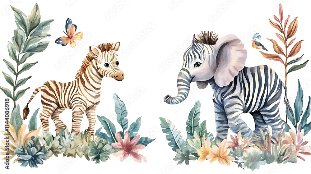 Obraz premium Cute baby zebra and elephant watercolor illustration in nature.. AI Generated