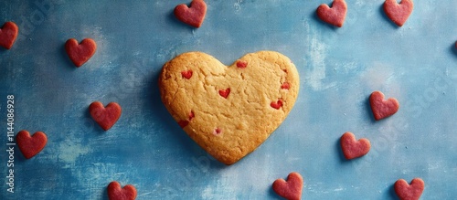 Heart shaped cookie surrounded by smaller heart cookies on a blue textured background ideal for romantic or celebration themes photo