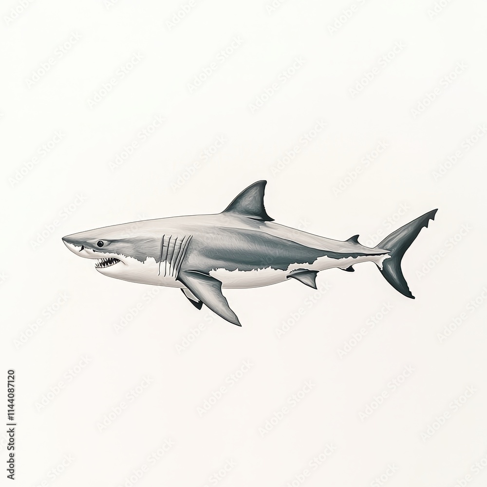 Fototapeta premium Fierce Great White Shark Swimming in the Depths of the Ocean