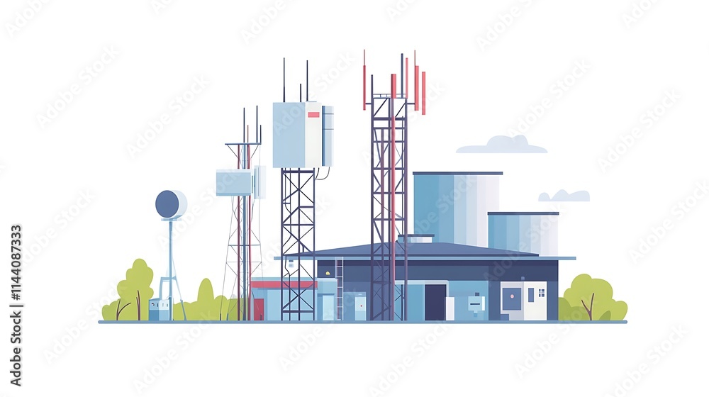 Fototapeta premium Modern Cellular Tower Infrastructure: Vector Illustration of a Suburban Communication Hub. AI Generated