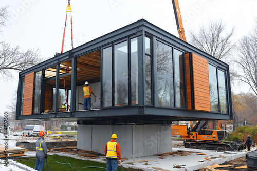 Transporting and assembling modern prefab homes on-site in winter landscape. Generative AI