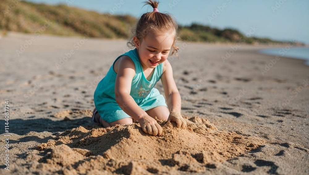 Little Girl Having Fun Playing with the Sand, Creating and Exploring in the Sunny Outdoors, Enjoying the Freedom and Joy of Childhood on a Warm, Sandy Beach Little Girl Having Fun Playing with the Sand, Creating and Exploring in the Sunny Outdoors, Enjoying the Freedom and Joy of Childhood on a Warm, Sandy Beach