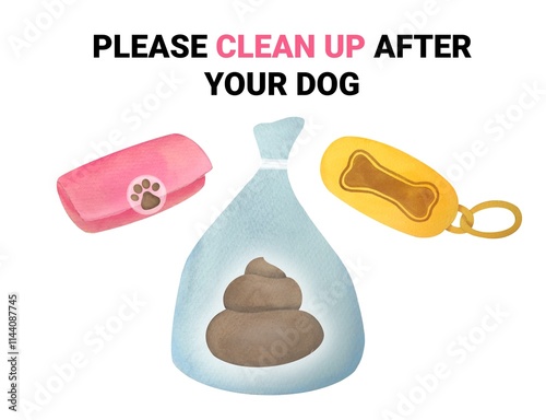 Clean up after dog banner. Dog poop bags, Instructions for collecting excrement after walking with pet, containers for poop, hygiene animal, toilet cleaning information