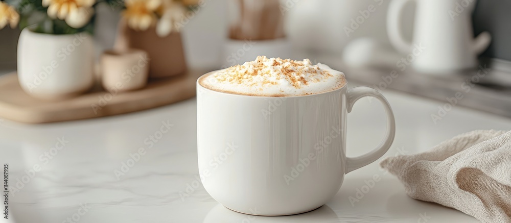 Cozy hot chocolate with creamy froth in a white mug perfect for winter gatherings or relaxing moments on a stylish kitchen countertop Cozy hot chocolate with creamy froth in a white mug perfect for winter gatherings or relaxing moments on a stylish kitchen countertop