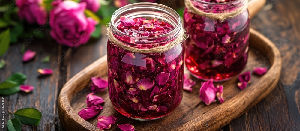 Homemade rose petal jam in glass jars with fresh flowers and rustic decorations a sweet treat for romantic mornings and special occasions Homemade rose petal jam in glass jars with fresh flowers and rustic decorations a sweet treat for romantic mornings and special occasions
