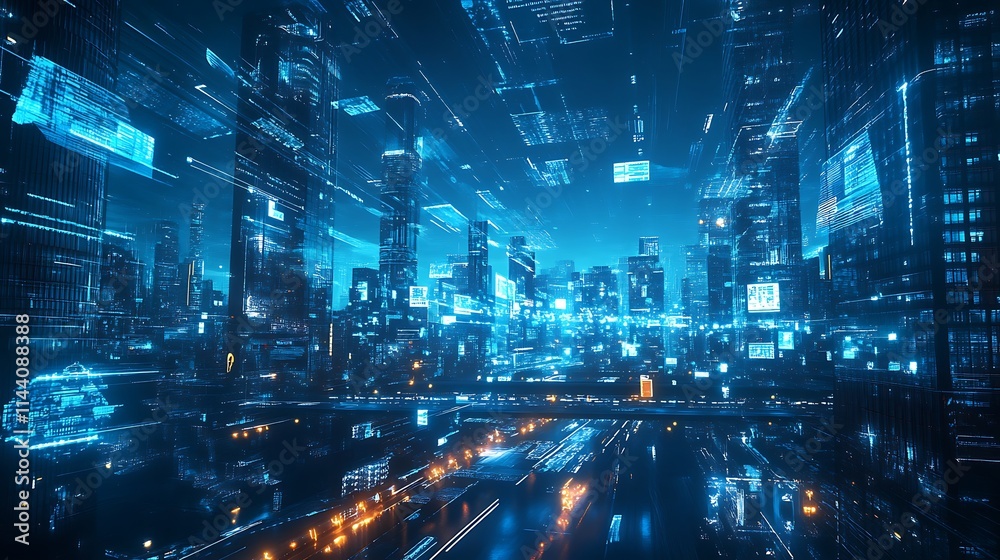 Obraz premium Gleaming futuristic city digital painting. Abstract style.. AI Generated