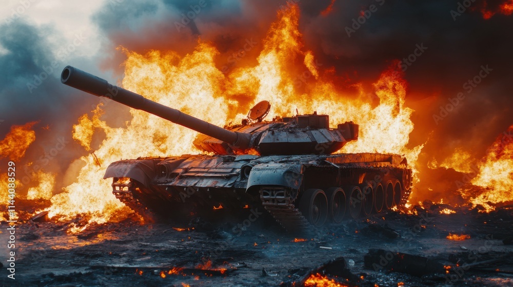 burning tank amidst chaos and destruction, dramatic and intense, focus on textures and fire, artistic and powerful scene burning tank amidst chaos and destruction, dramatic and intense, focus on textures and fire, artistic and powerful scene