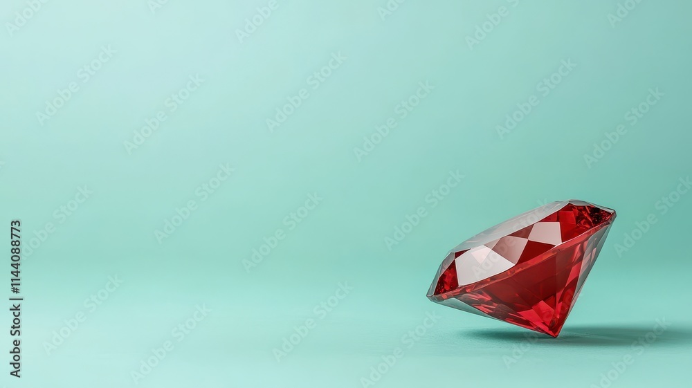 A sparkling red diamond on a soft mint background.