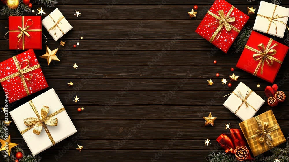 Fototapeta premium Festive arrangement of Christmas gifts and decorations.