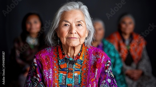 Portrait of an elderly Native American woman with three younger women behind her, slightly out of focus.