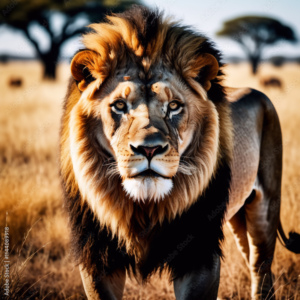 Fototapeta premium Säugetiere - Mächtiger Löwe unter afrikanischem Himmel