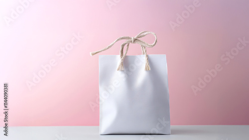 White gift bag with rope handles on a pink gradient background.