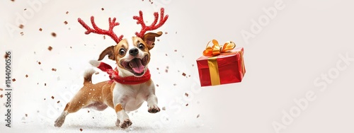 Playful Holiday Chaos   Merry Pup in Reindeer Costume with Gift Box