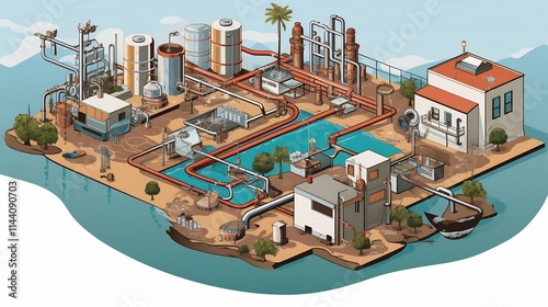 Detailed graphic representation showcasing the various systems and processes involved in the disposal and management of brine concentrate during desalination The image highlights the technological photo