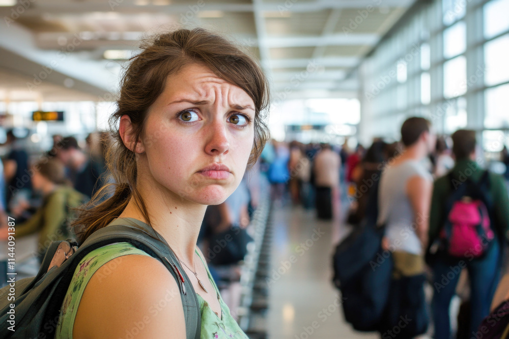 Concerned young caucasian female waiting in busy airport terminal Concerned young caucasian female waiting in busy airport terminal