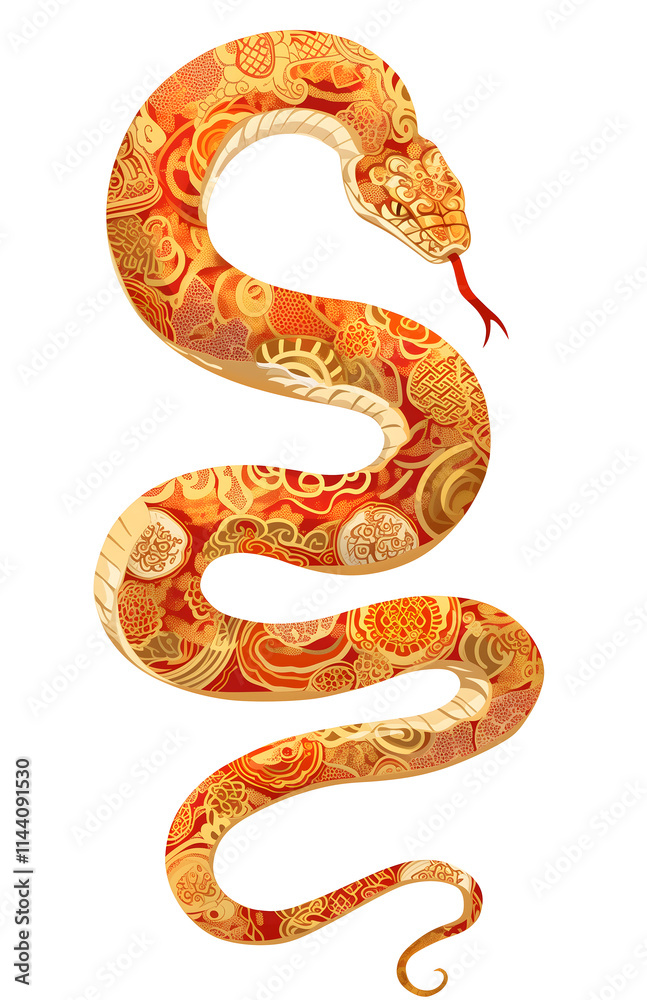 Fototapeta premium Zodiac Snake animal - symbol sign of Chinese New Year 2025. Red snake with gold abstract pattern skin. Isolated element, clipart illustration