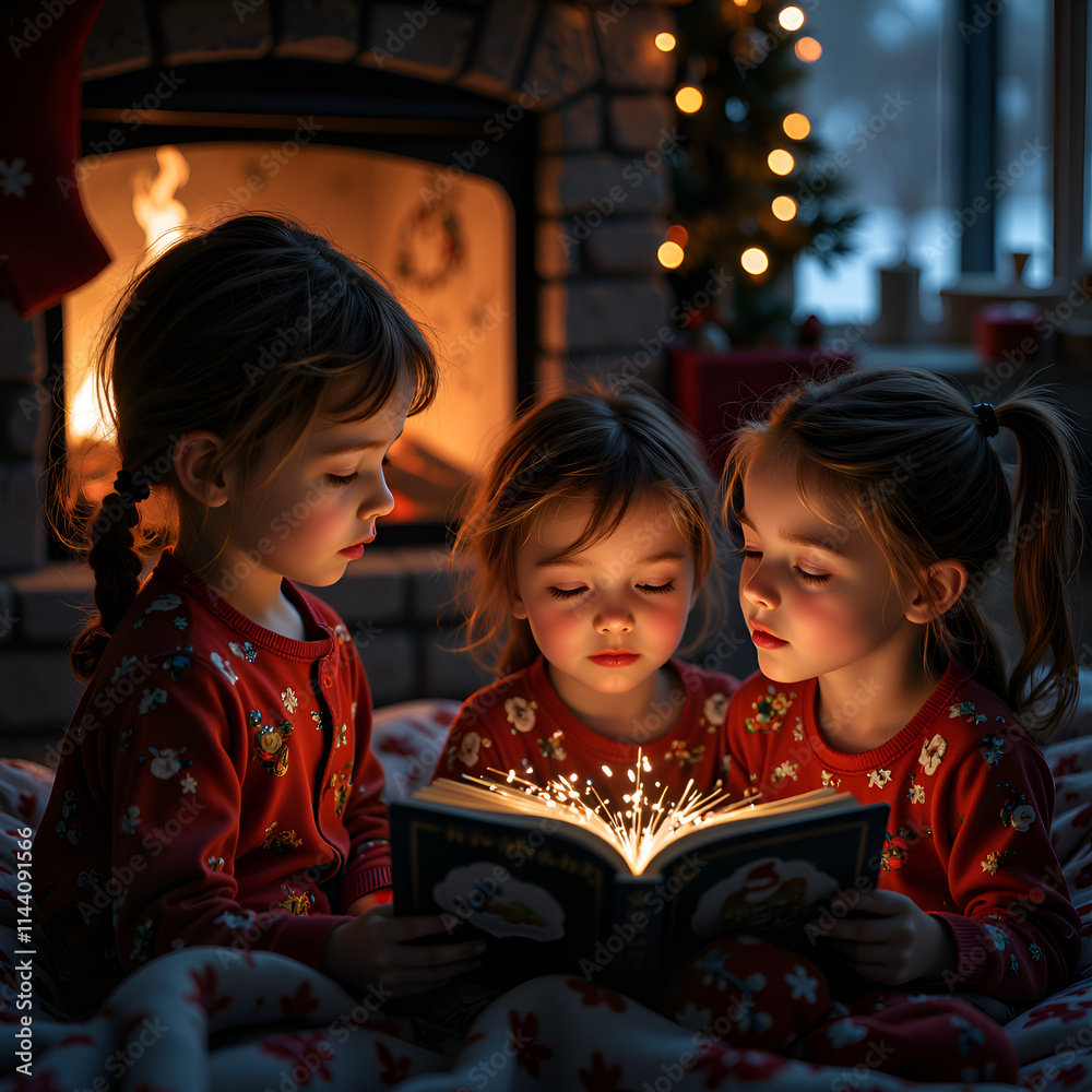 Three children reading a magical book by a cozy fire on a winter evening, photography of candid concept. Three children reading a magical book by a cozy fire on a winter evening, photography of candid concept.