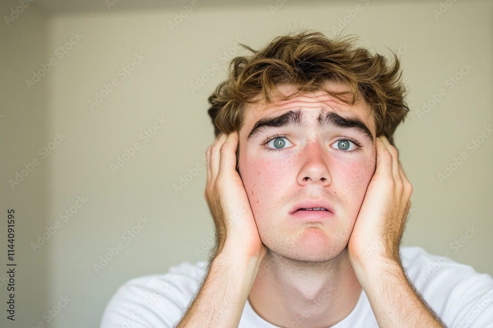 Young caucasian male with anxious expression holding face in hands Young caucasian male with anxious expression holding face in hands