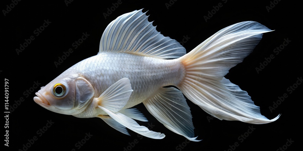 High-resolution black and white image of an isolated white fish against a black background. High-resolution black and white image of an isolated white fish against a black background.