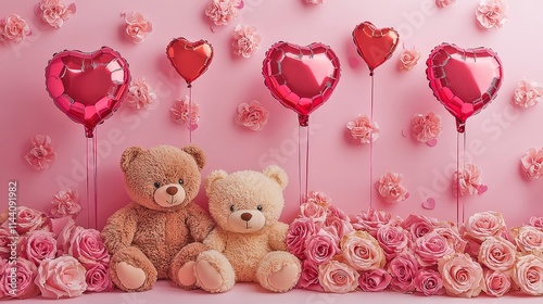 Romantic Valentine s Day Scene with Teddy Bears and Heart Shaped Balloons
