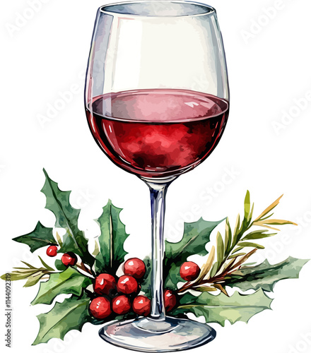 Watercolor christmas glass of wine on white background. Vector illustration.
