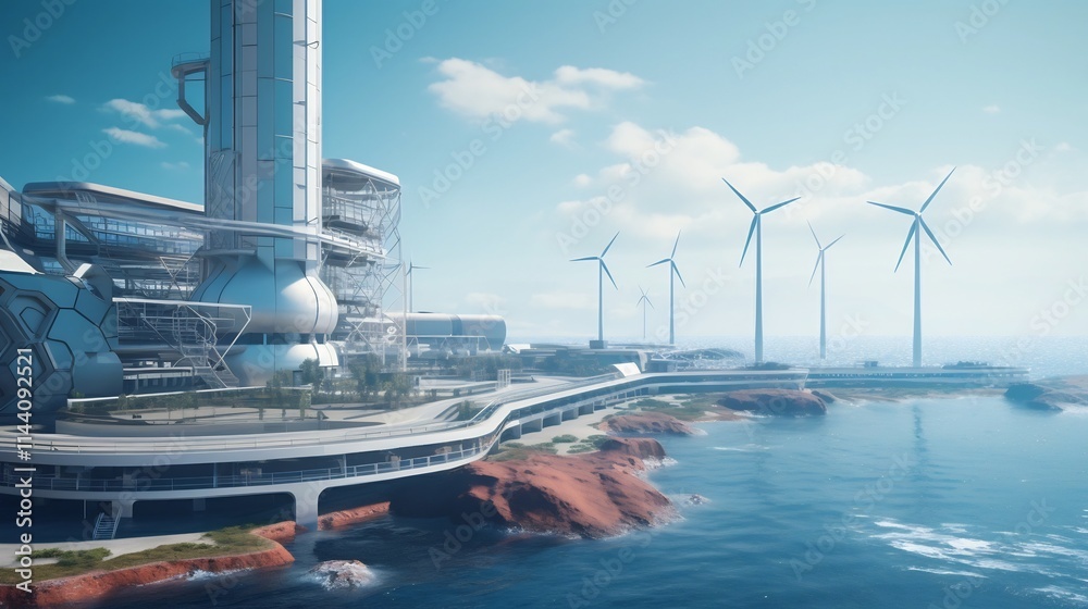 Fototapeta premium A modern sustainable desalination facility powered by renewable energy sources like wind turbines set against a scenic coastal landscape with blue skies and the ocean in the background
