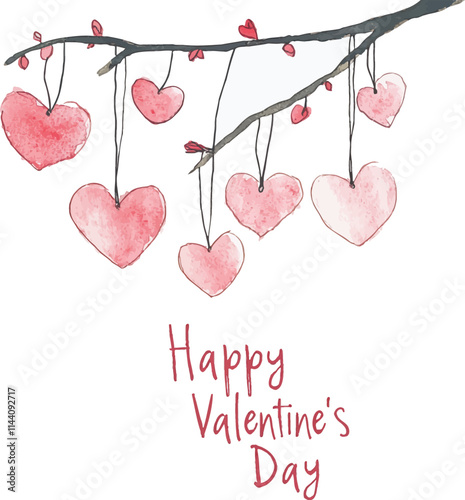 Watercolor happy valentines day hanging hearts on white background. Vector illustration.