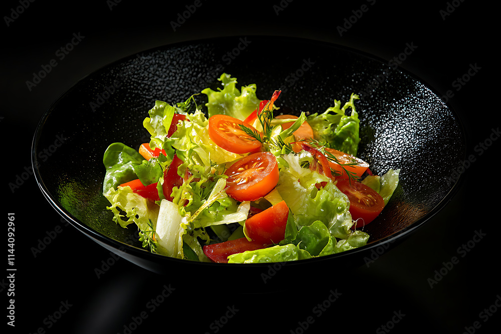 Salad with tomatoes, carrots, lettuce in black plate, top view, dark background, copy space for text. Salad with tomatoes, carrots, lettuce in black plate, top view, dark background, copy space for text.