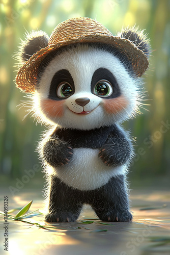 Adorable baby panda bear wearing a straw hat and smiling