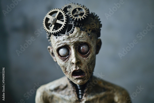 Surreal sculpture of mechanical human figure with gears on head