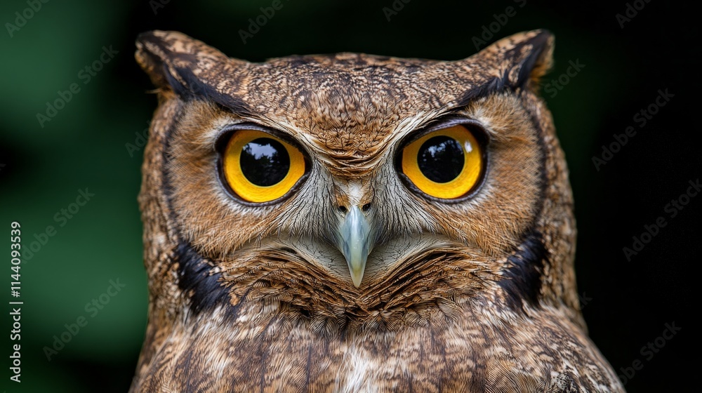 Spectacular Owl Portrait: A majestic owl with piercing yellow eyes stares intently, its feathers detailed against a dark green background. Spectacular Owl Portrait: A majestic owl with piercing yellow eyes stares intently, its feathers detailed against a dark green background.