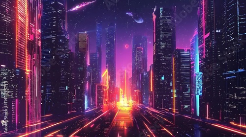 High-Tech City Illustration with Neon Accents and Space